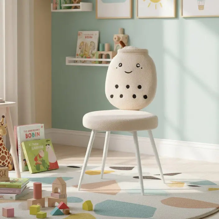 Kids Bubble Tea Chair with Beige Boucle Fabric & White Legs FURNIZA