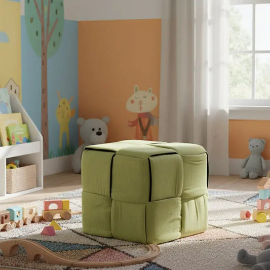 Kids Pouf in Light Green Corduroy – Soft Cube Ottoman Furniza