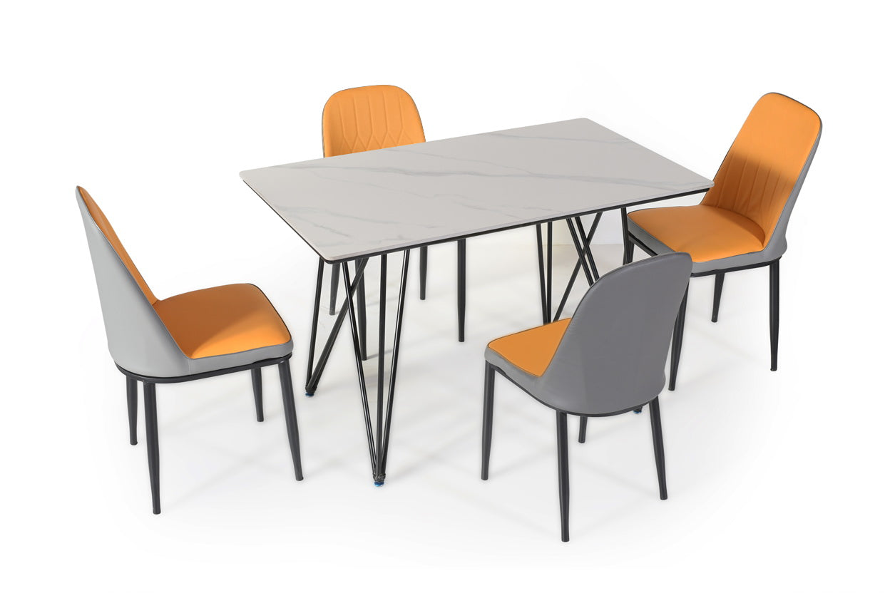 Modern 4 Seater Dining Table Set with Marble Finish & Upholstered Chairs