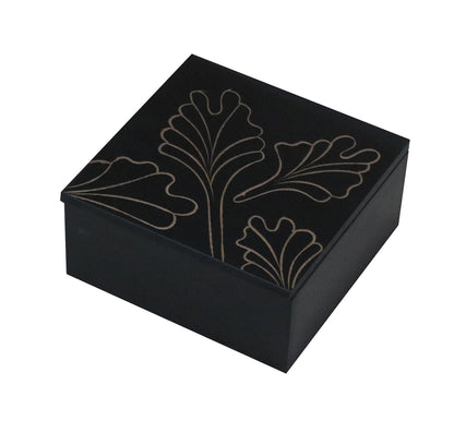 Handcrafted Black Wooden Jewellery Box with Carved Lid & Organizer