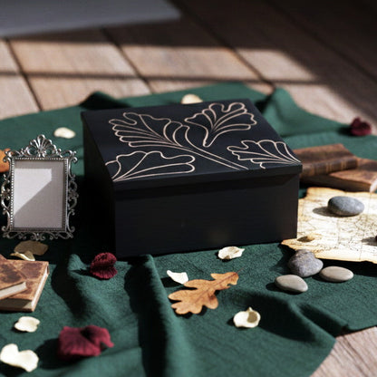 Black Wooden Jewellery Box with Hand-Carved Lid & Storage