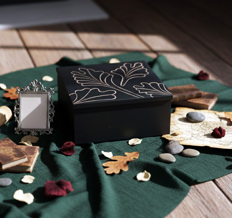 Handcrafted Black Wooden Jewellery Box with Carved Lid & Organizer
