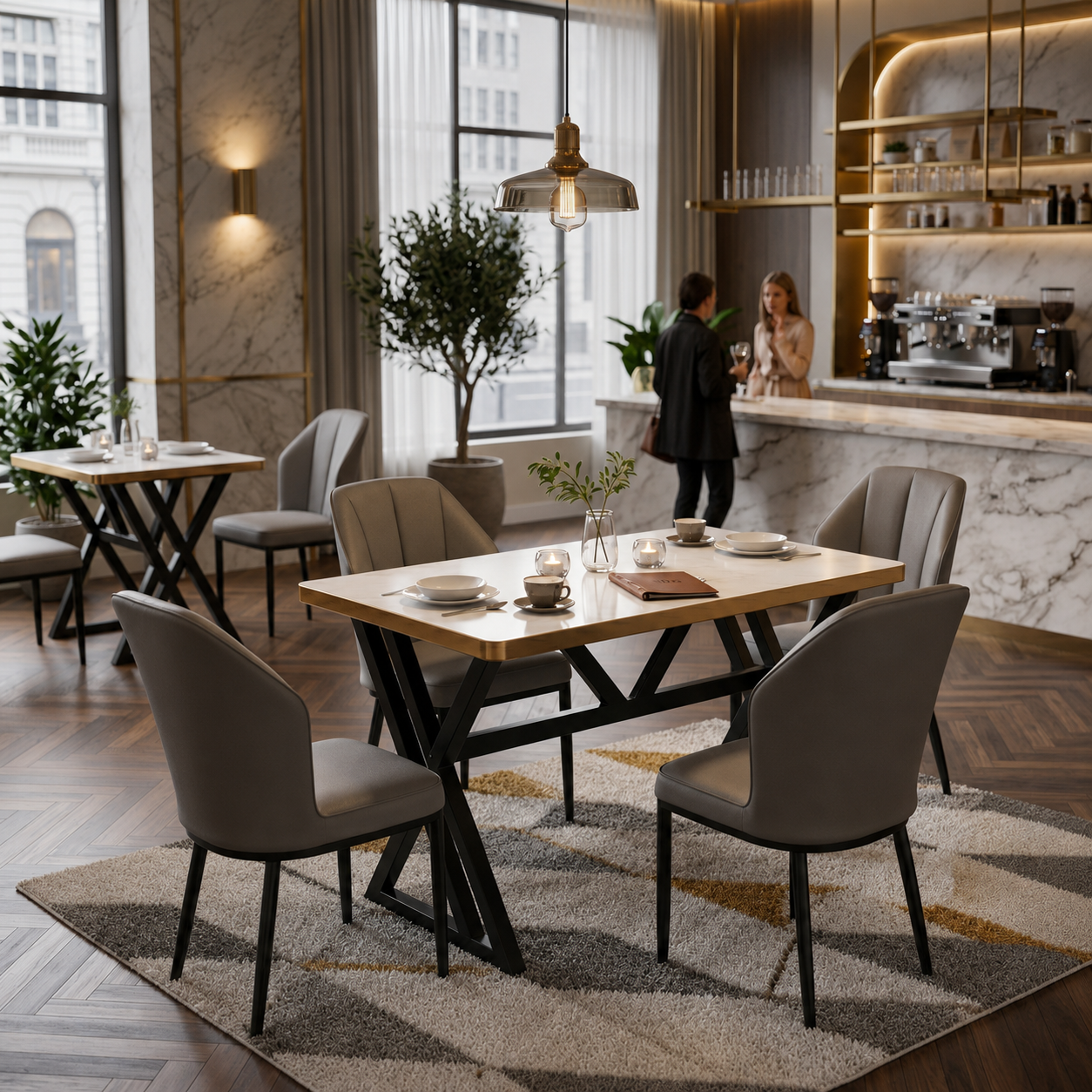 Modern 4 Seater Marble finish Dining Table Set with Upholstered Chairs