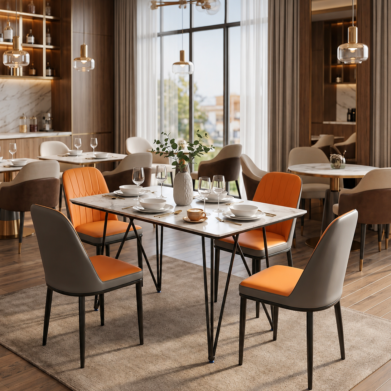 Modern 4 Seater Dining Table Set with Marble Finish & Upholstered Chairs