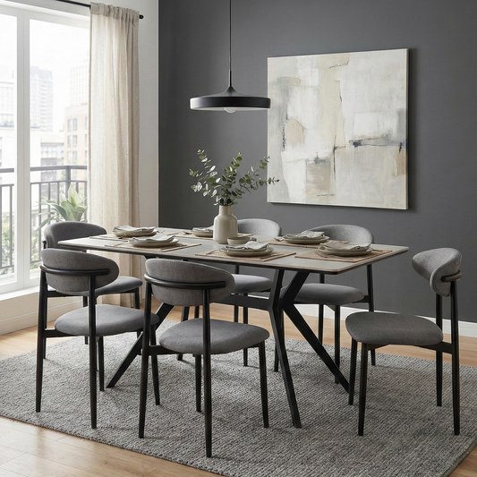 6 Seater dining table with Marble Finish top – Modern Rectangular Table with Iron Base FURNIZA