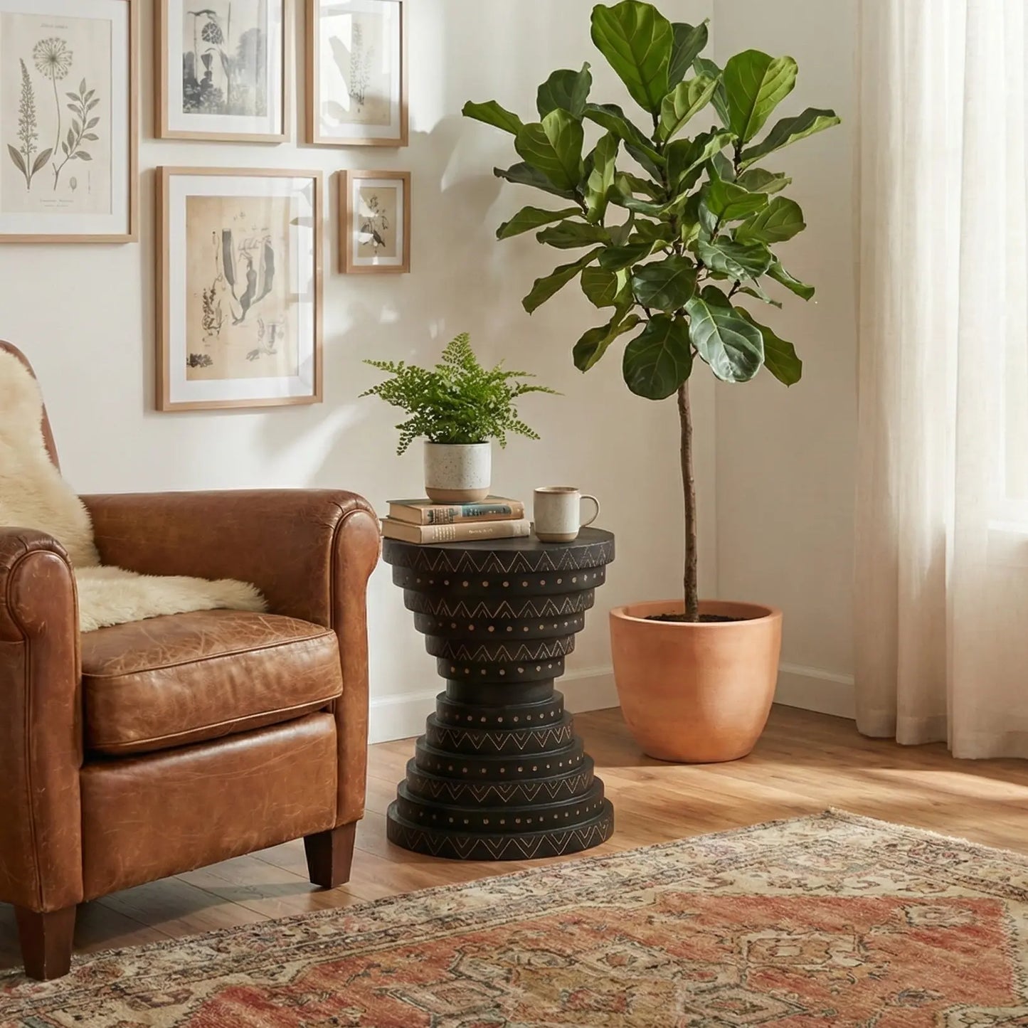 Furniza Black Side Table with Hand-Carved Leaf Pattern – Artisan Wooden Accent Table FURNIZA