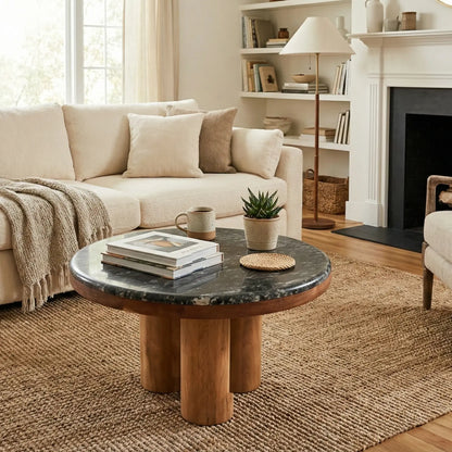Living room with beige sectional sofa, coffee table, and armchair.