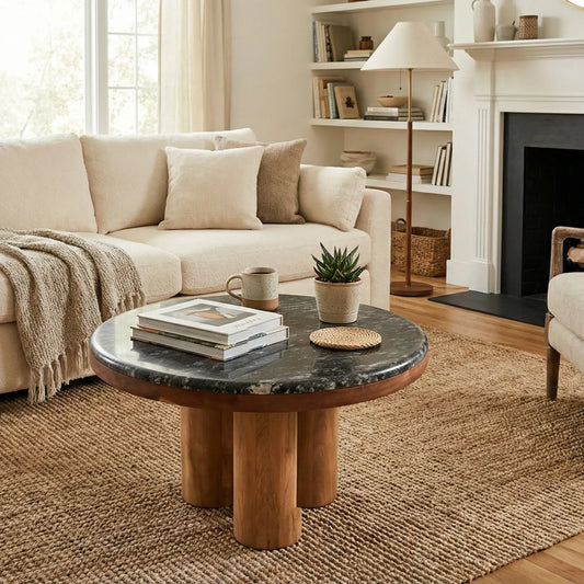Living room with beige sectional sofa, coffee table, and armchair.
