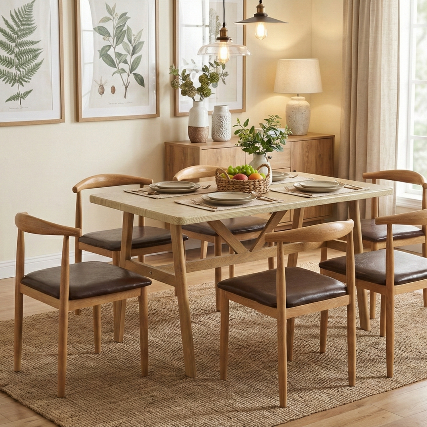 6 Seater Dining Table – Natural Finish Modern Rectangular Table Furniza