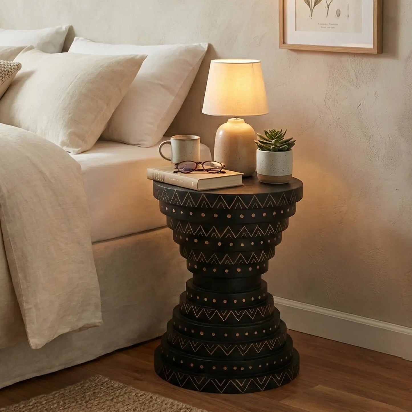 Furniza Black Side Table with Hand-Carved Leaf Pattern – Artisan Wooden Accent Table FURNIZA
