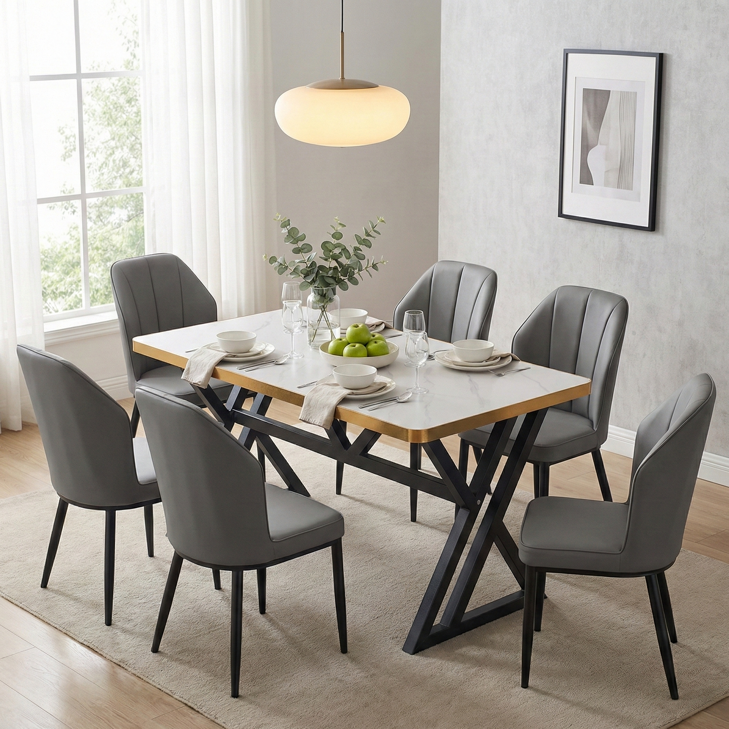 6 Seater Marble Top Dining Table – Gold Edge with Modern Iron Base FURNIZA