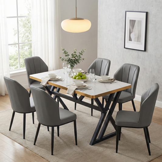 6 Seater Marble Top Dining Table – Gold Edge with Modern Iron Base FURNIZA