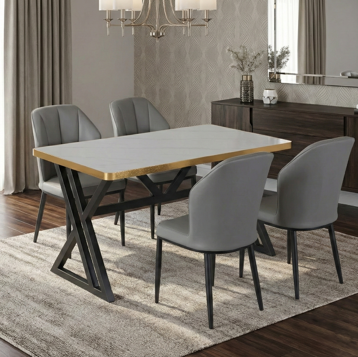 4 Seater Marble Top Dining Table – Gold Edge with Modern Iron Base