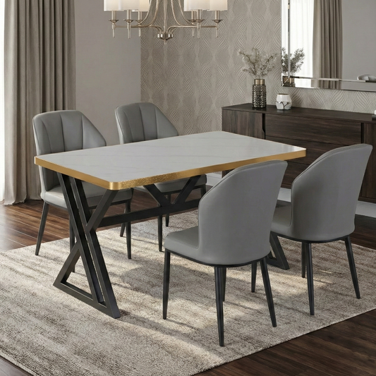 4 Seater Marble Top Dining Table – Gold Edge with Modern Iron Base