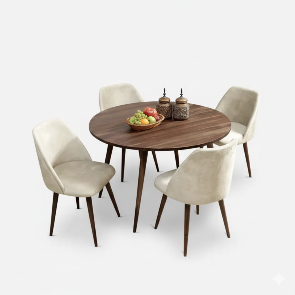 Modern Sheesham Wood Round Dining Table Set with Cushioned Chairs