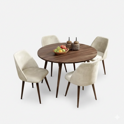 Modern Sheesham Wood Round Dining Table Set with Cushioned Chairs