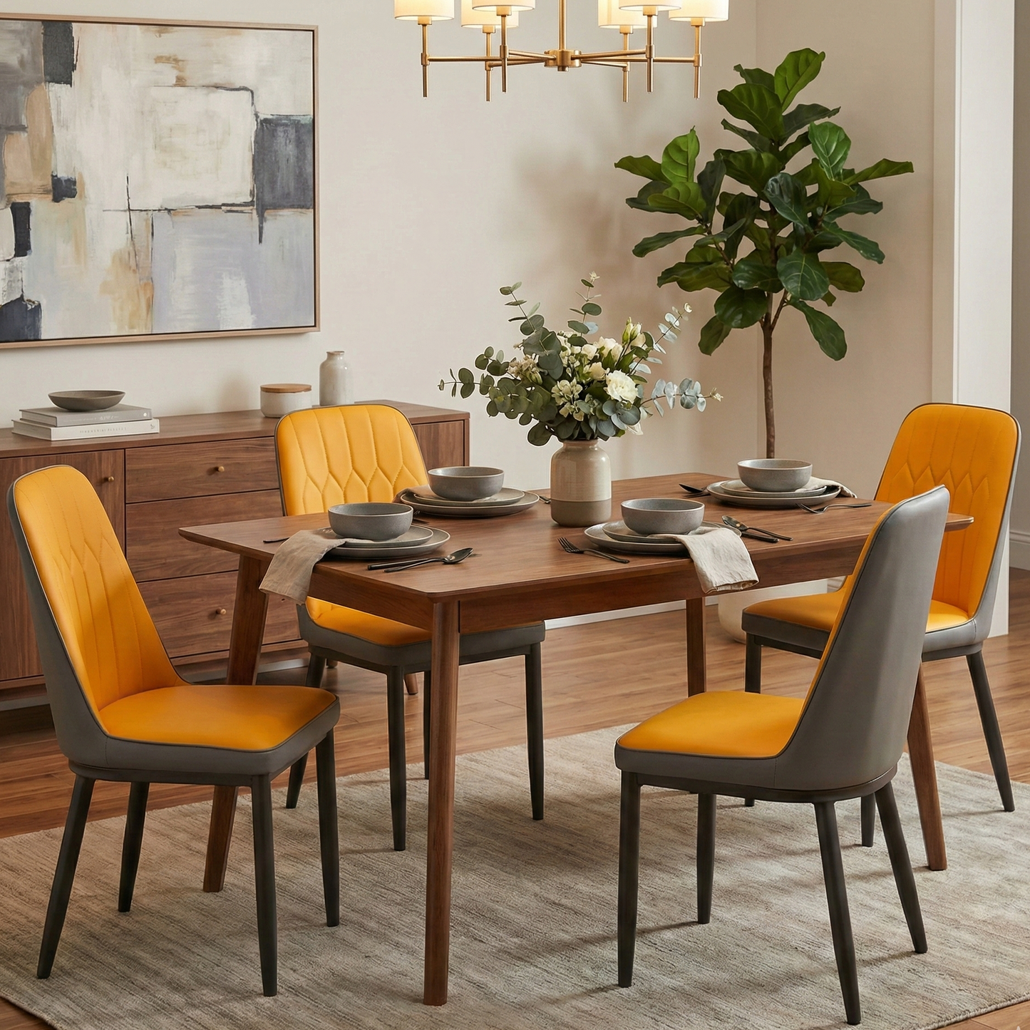 Modern Iron Base Upholstered Chair – Yellow (Set of 2 & 4) FURNIZA