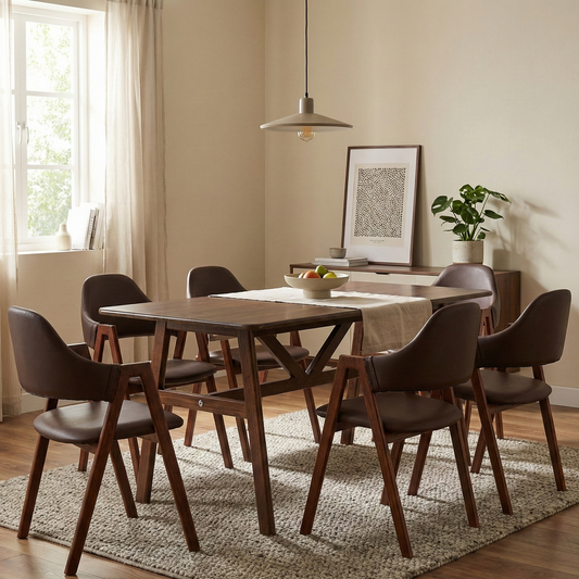 6 Seater Walnut Finish Solid Wood Dining Table – Modern Rectangular Design FURNIZA