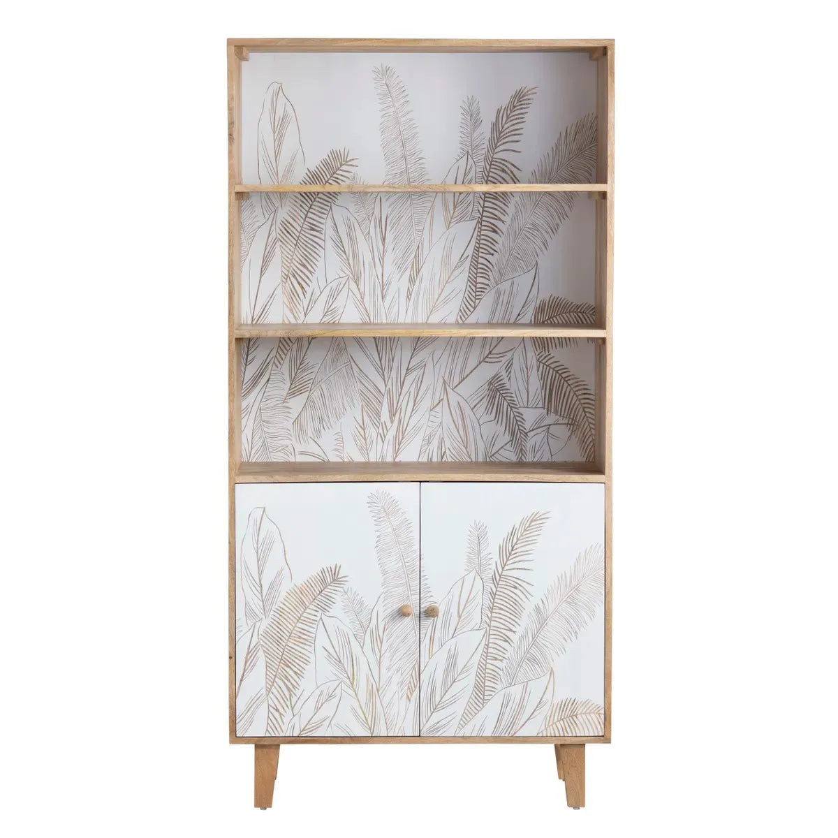 Hand Carved 2 Door Book rack Natural & White Finish | Solid Mango Wood Book shelf - Furniza