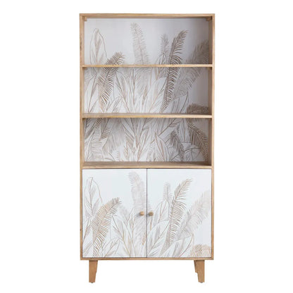Hand Carved 2 Door Book rack Natural & White Finish | Solid Mango Wood Book shelf - Furniza
