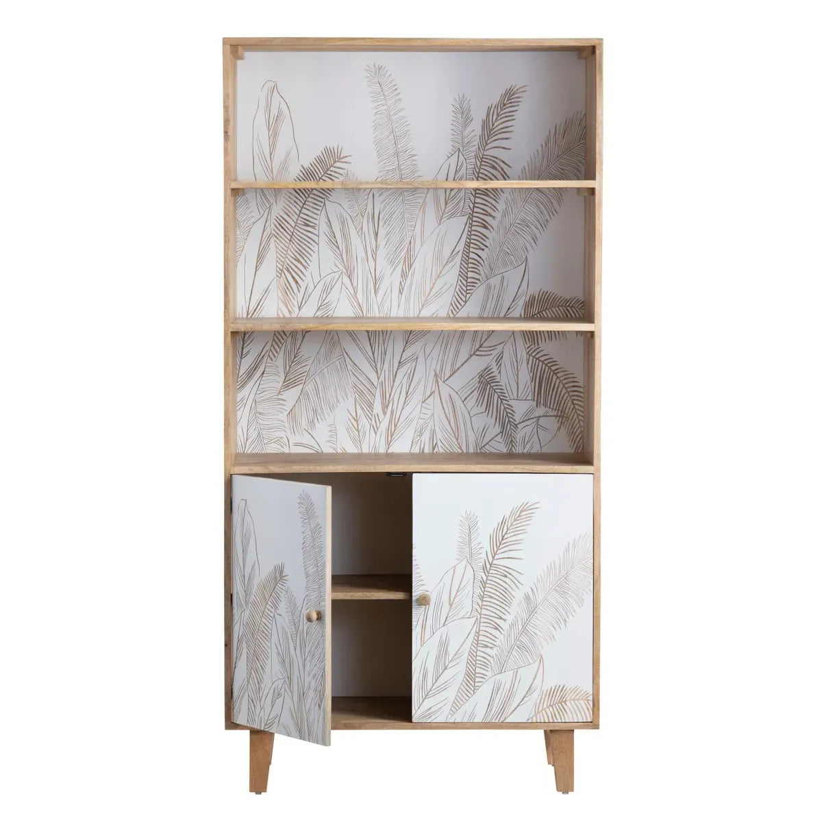 Hand Carved 2 Door Book rack Natural & White Finish | Solid Mango Wood Book shelf - Furniza