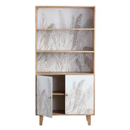 Hand Carved 2 Door Book rack Natural & White Finish | Solid Mango Wood Book shelf - Furniza