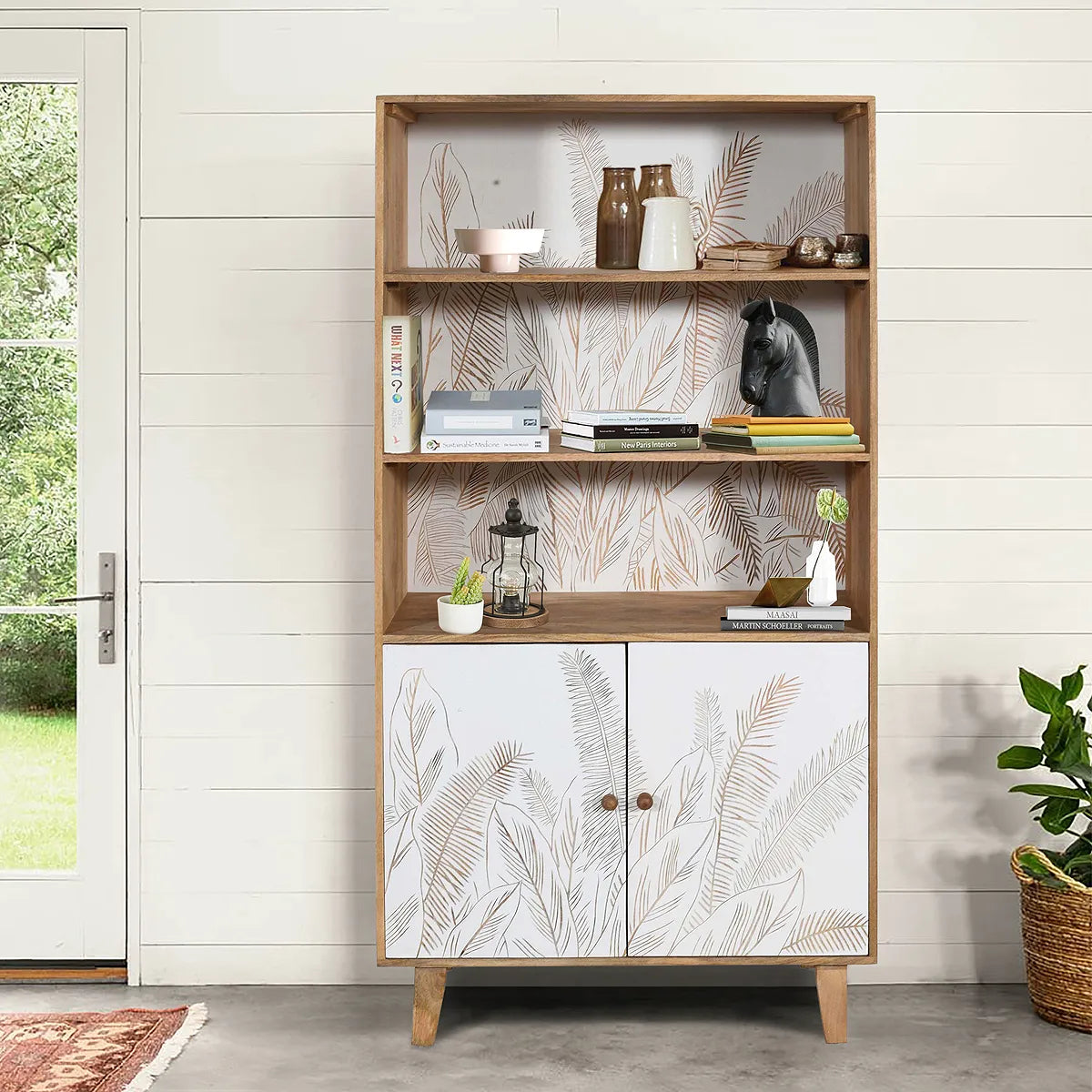 Hand Carved 2 Door Book rack Natural & White Finish | Solid Mango Wood Book shelf - Furniza