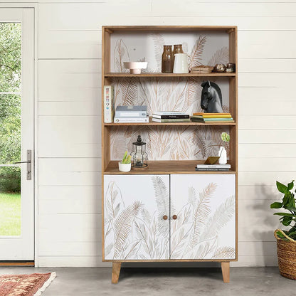 Hand Carved 2 Door Book rack Natural & White Finish | Solid Mango Wood Book shelf - Furniza
