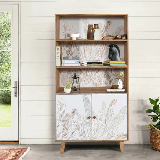 Hand Carved 2 Door Book rack Natural & White Finish | Solid Mango Wood Book shelf