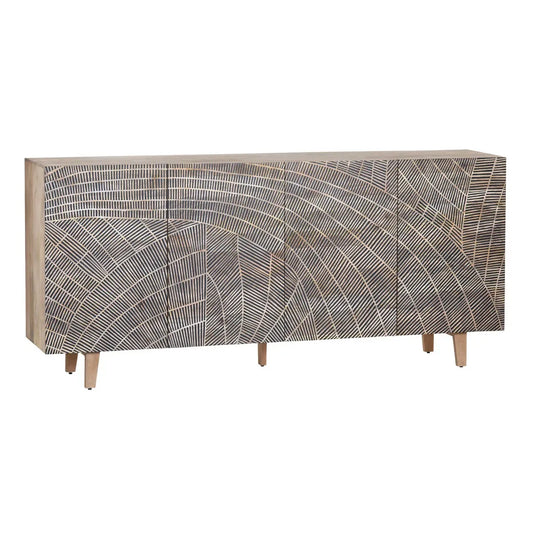 Hand Carved Solid Acacia 4 Door Sideboard Natural Finish