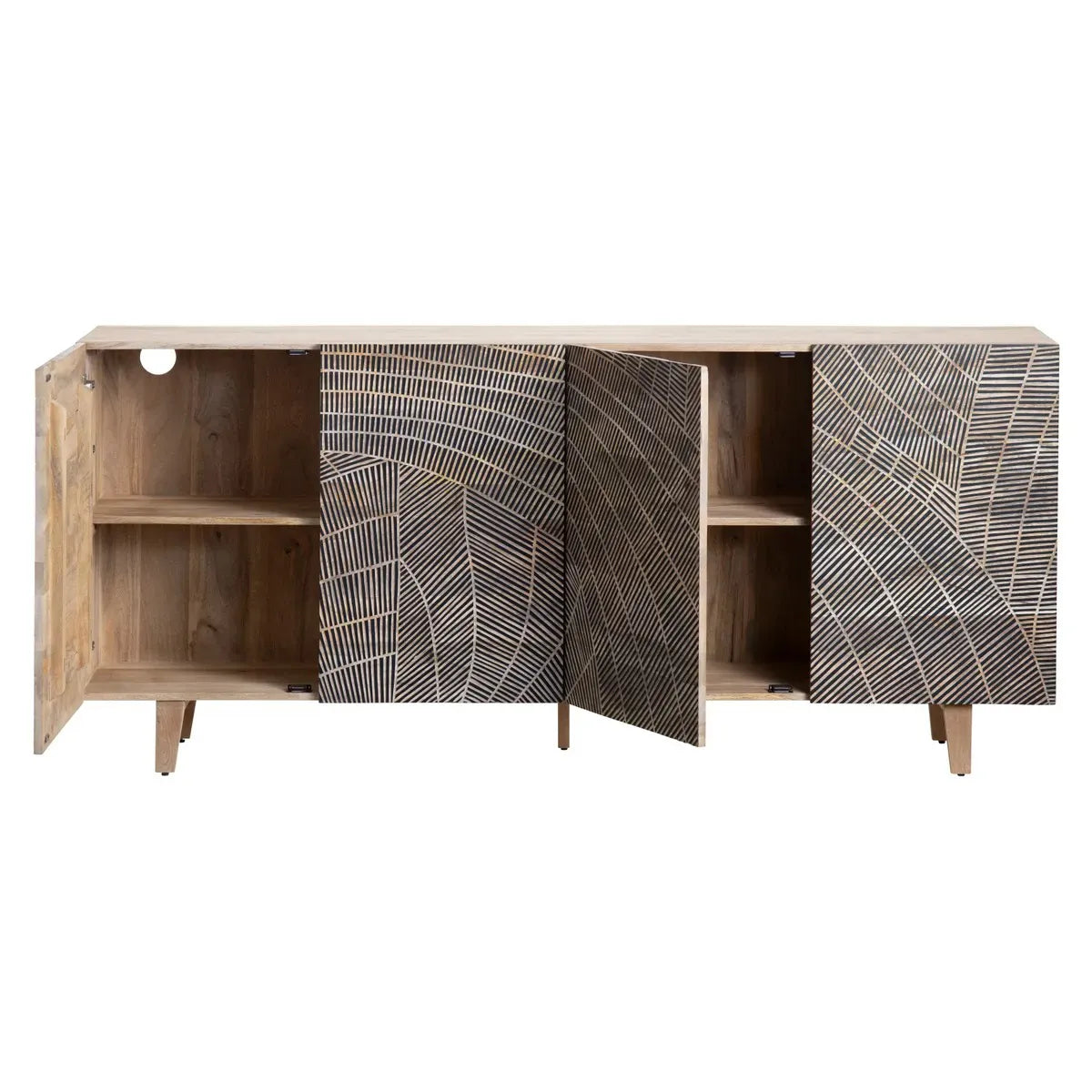 Hand Carved Solid Acacia 4 Door Sideboard Natural Finish - Furniza
