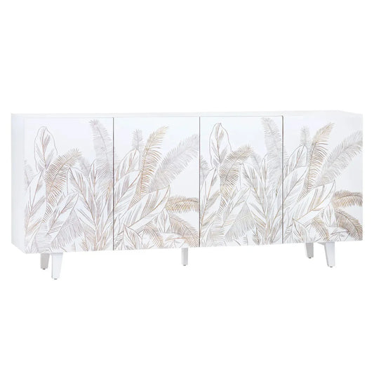 4 Door Sideboard White Finish | Hand-Carved Leaf Design | Solid Mango Wood
