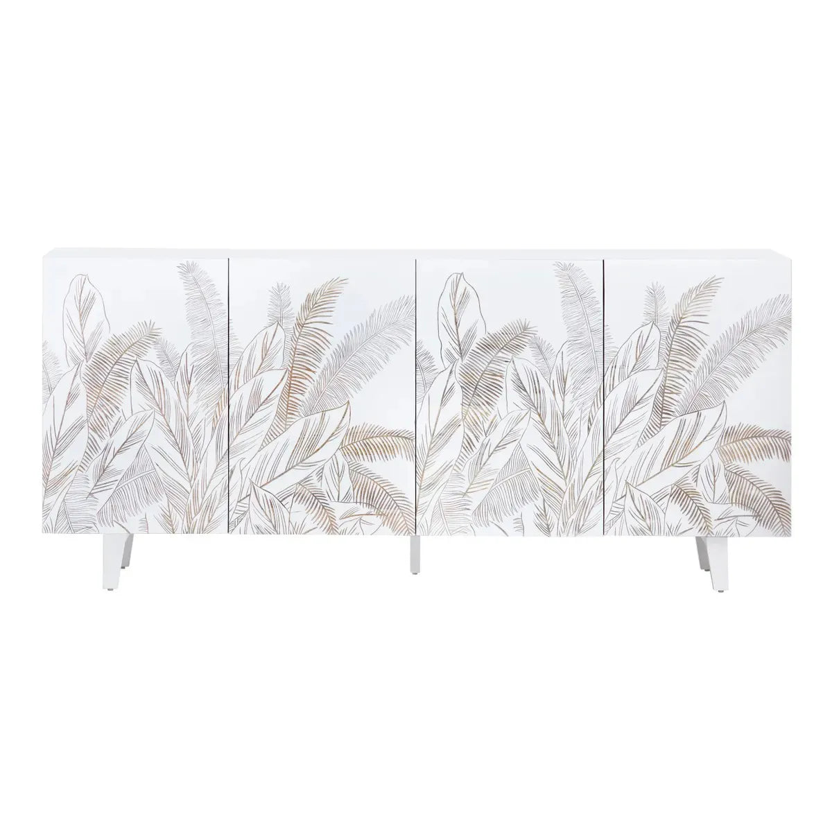 4 Door Sideboard White Finish | Hand-Carved Leaf Design | Solid Mango Wood - Furniza