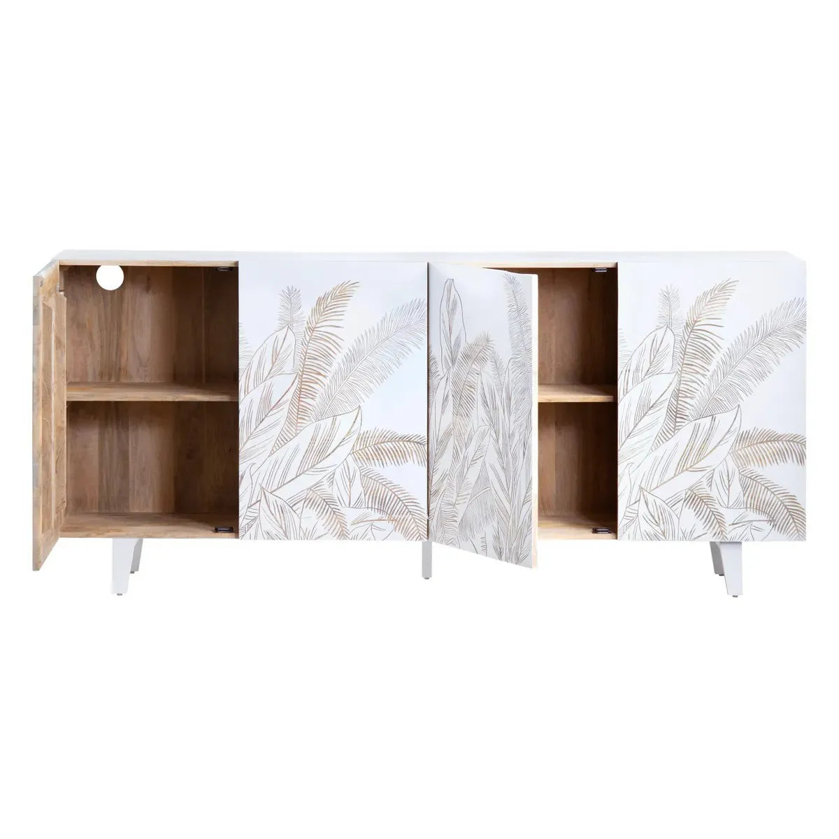 4 Door Sideboard White Finish | Hand-Carved Leaf Design | Solid Mango Wood - Furniza