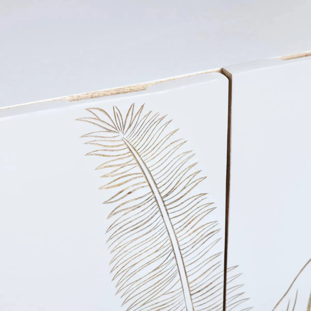 4 Door Sideboard White Finish | Hand-Carved Leaf Design | Solid Mango Wood - Furniza