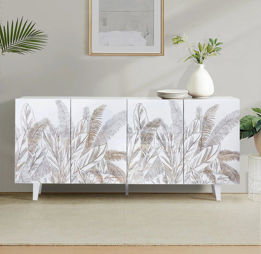 4 Door Sideboard White Finish | Hand-Carved Leaf Design | Solid Mango Wood