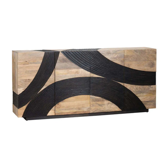 4 Door Sideboard Natural & Walnut Finish with Carved Wave Design | Solid Mango Wood