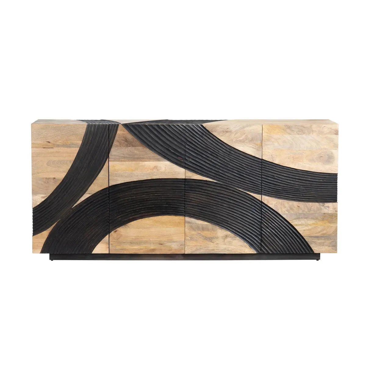 4 Door Sideboard Natural & Walnut Finish with Carved Wave Design | Solid Mango Wood - Furniza