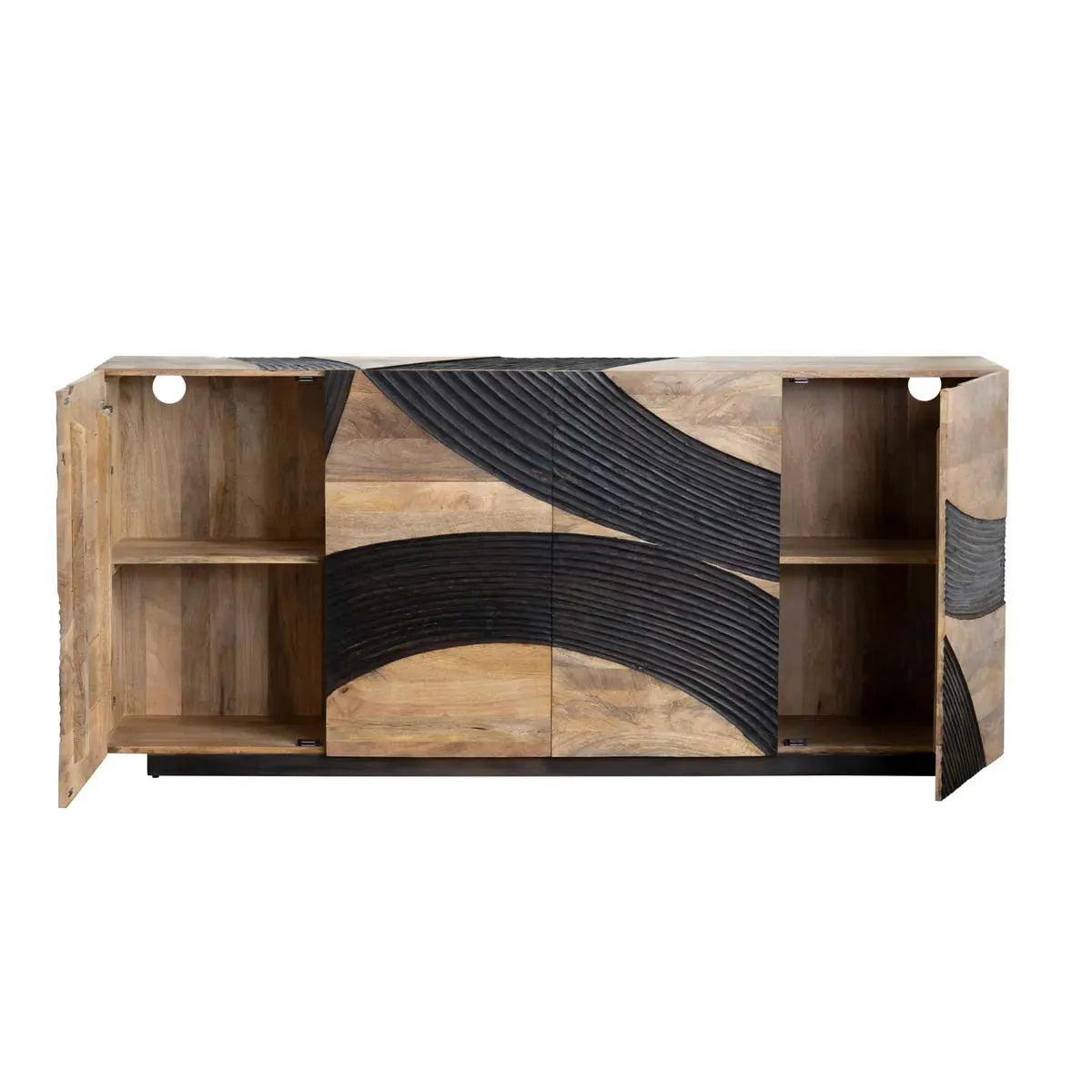 4 Door Sideboard Natural & Walnut Finish with Carved Wave Design | Solid Mango Wood - Furniza