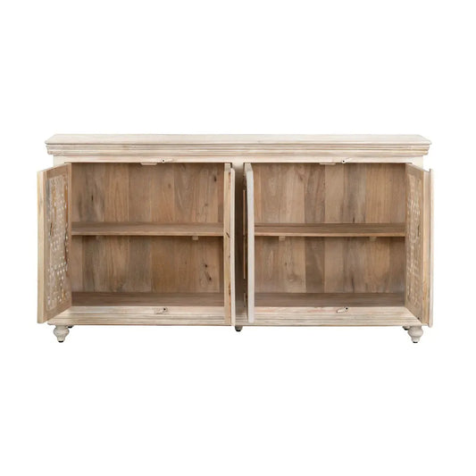 4 Door Sideboard - White Wash Finish | Hand-Carved Traditional Design | Solid Mango Wood