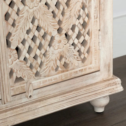 4 Door Sideboard - White Wash Finish | Hand-Carved Traditional Design | Solid Mango Wood - Furniza