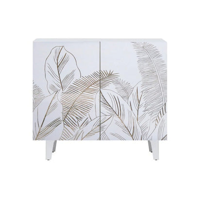 Solid Mango Wood 2 Door Sideboard – White Leaf Carved Design FURNIZA