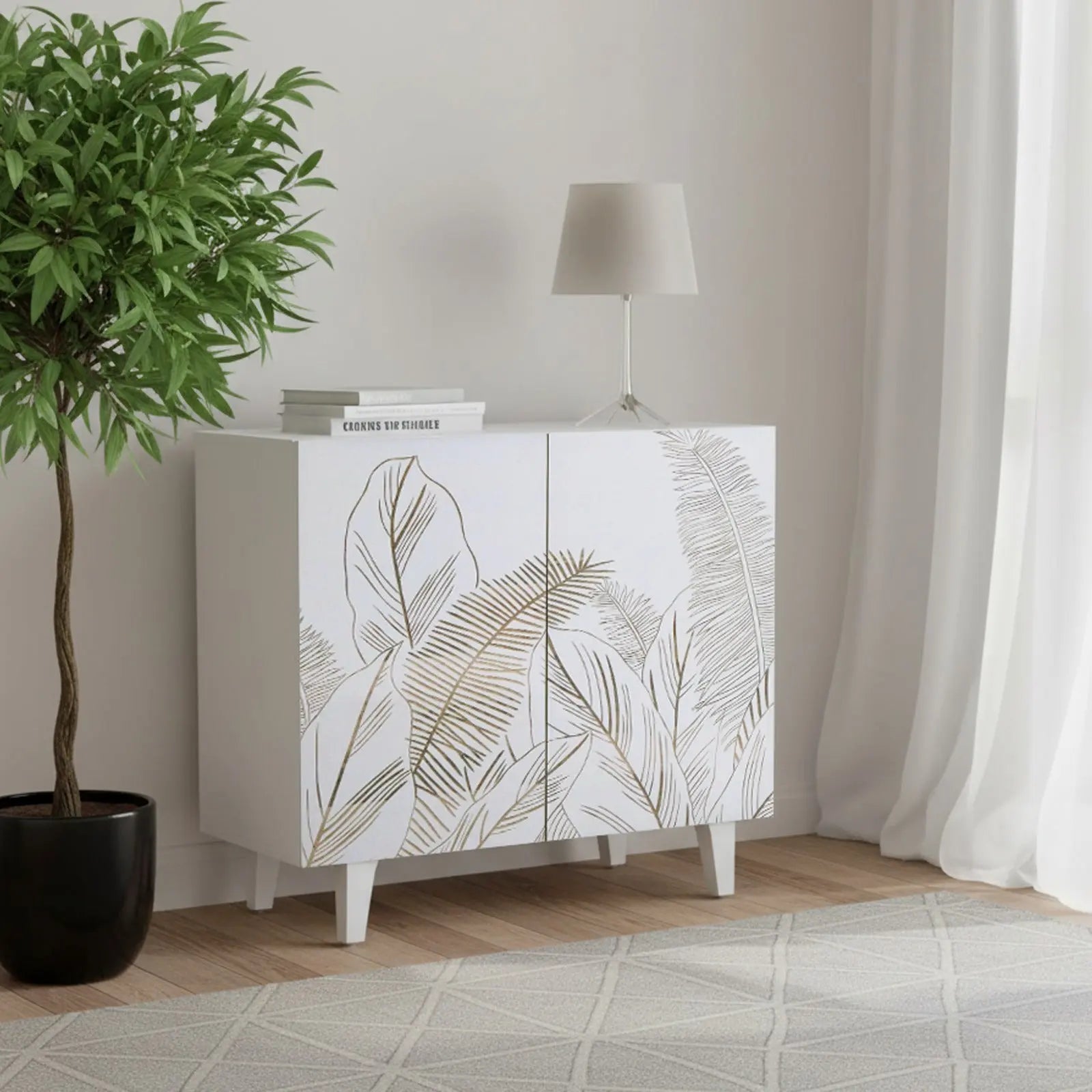 Solid Mango Wood 2 Door Sideboard – White Leaf Carved Design FURNIZA