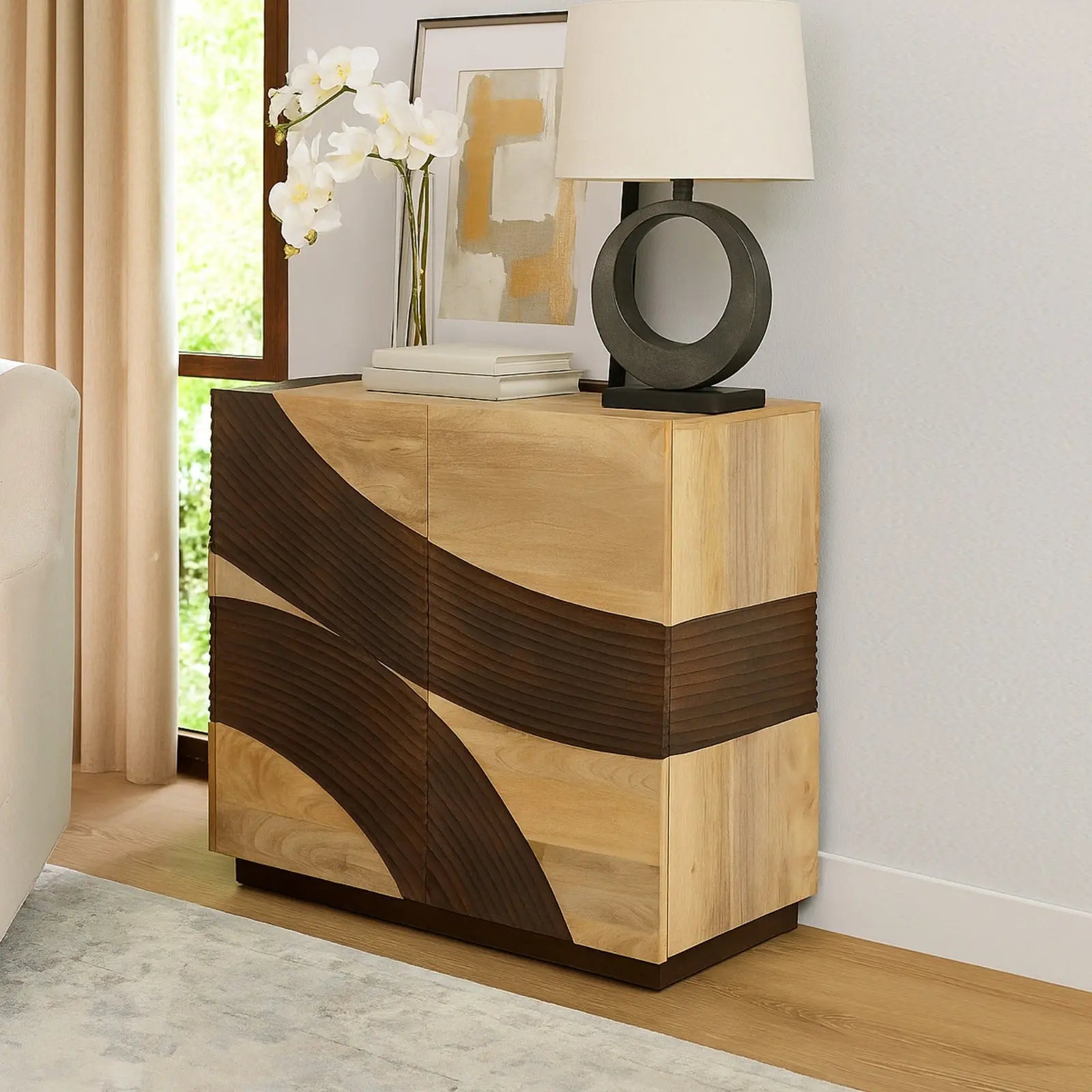 Solid Mango Wood 2 Door Sideboard – Carved Wave Design FURNIZA