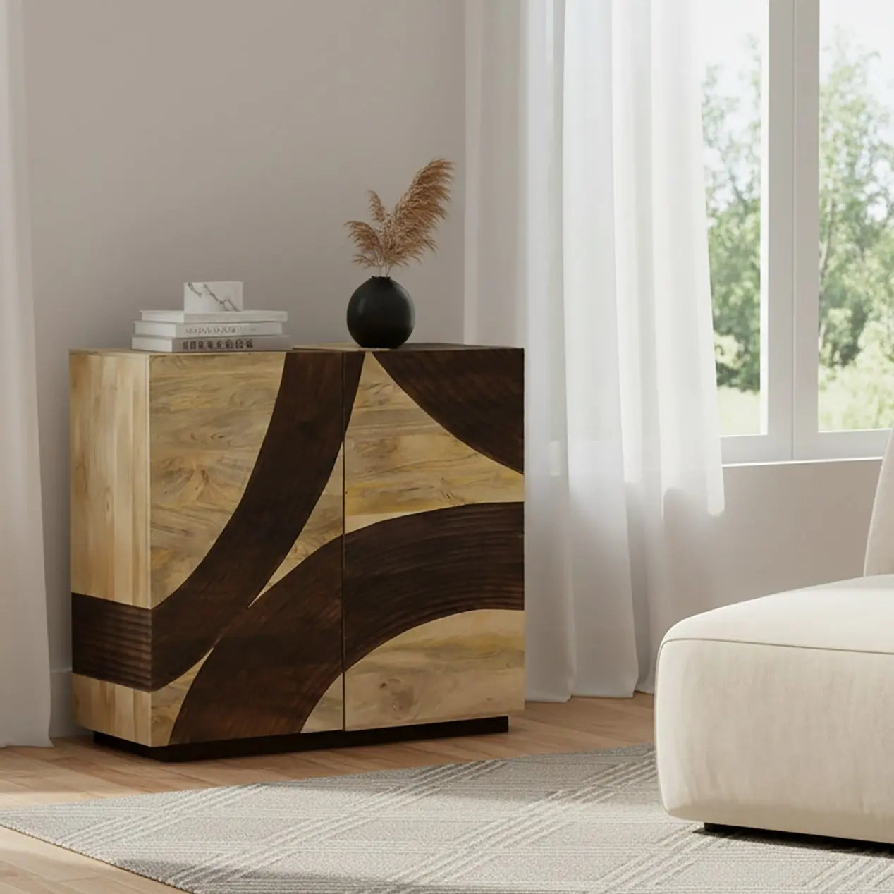 Solid Mango Wood 2 Door Sideboard – Hand Carved Wave Design FURNIZA