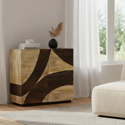 Solid Mango Wood 2 Door Sideboard – Hand Carved Wave Design FURNIZA
