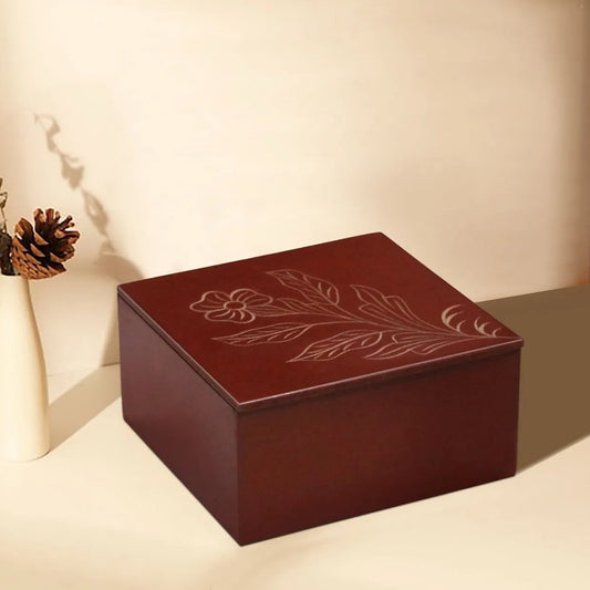 Maroon Hand-Carved Flower Design MDF Storage Box – Decorative Multi-Use Wooden Organizer for Jewelry, Keepsakes & Home Décor - Furniza