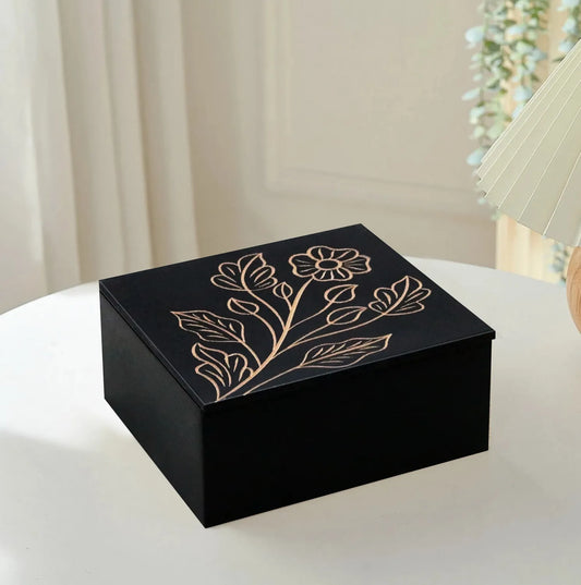 Black Finish MDF Storage Box with Hand-Carved Lid – Decorative Wooden Organizer for Jewelry, Keepsakes & Home Décor - Furniza