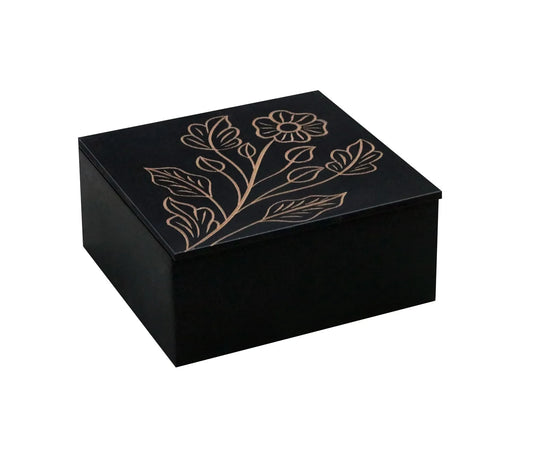 Black Finish MDF Storage Box with Hand-Carved Lid – Decorative Wooden Organizer for Jewelry, Keepsakes & Home Décor - Furniza