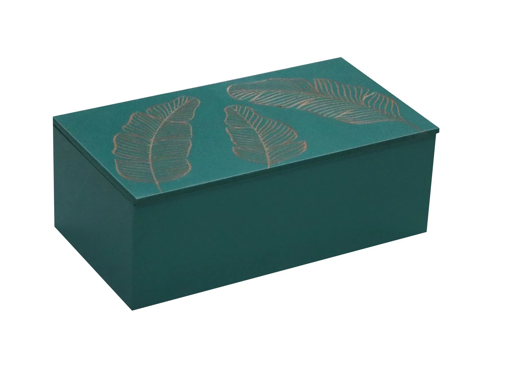 Teal Green Hand-Carved Palm Leaf Design MDF Storage Box – Decorative Wooden Organizer for Jewelry, Keepsakes & Home Décor - Furniza